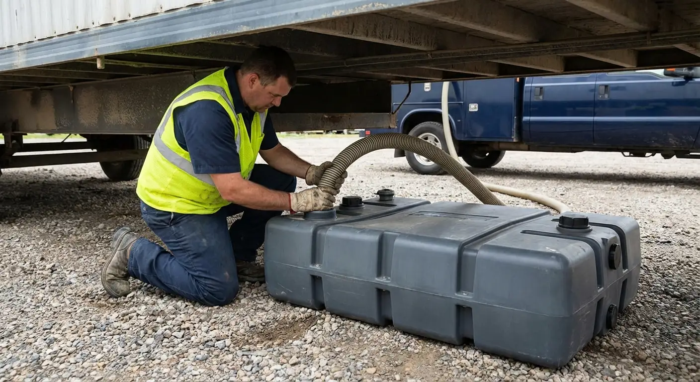 Queen City Portables vacuum truck servicing a waste holding tank at a construction site in Cincinnati, OH